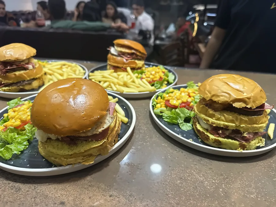 Lanches da Lussan servidos no prato, com fritas e salada.